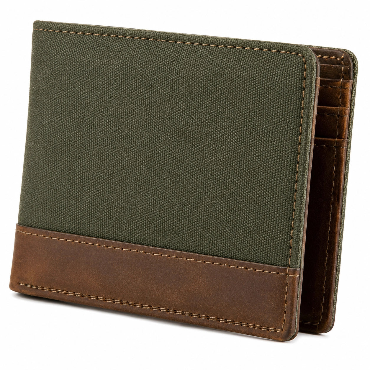 Portefeuille pliant 12 x 9.5 cm toile vert kaki et aspect cuir marron style décontracté
