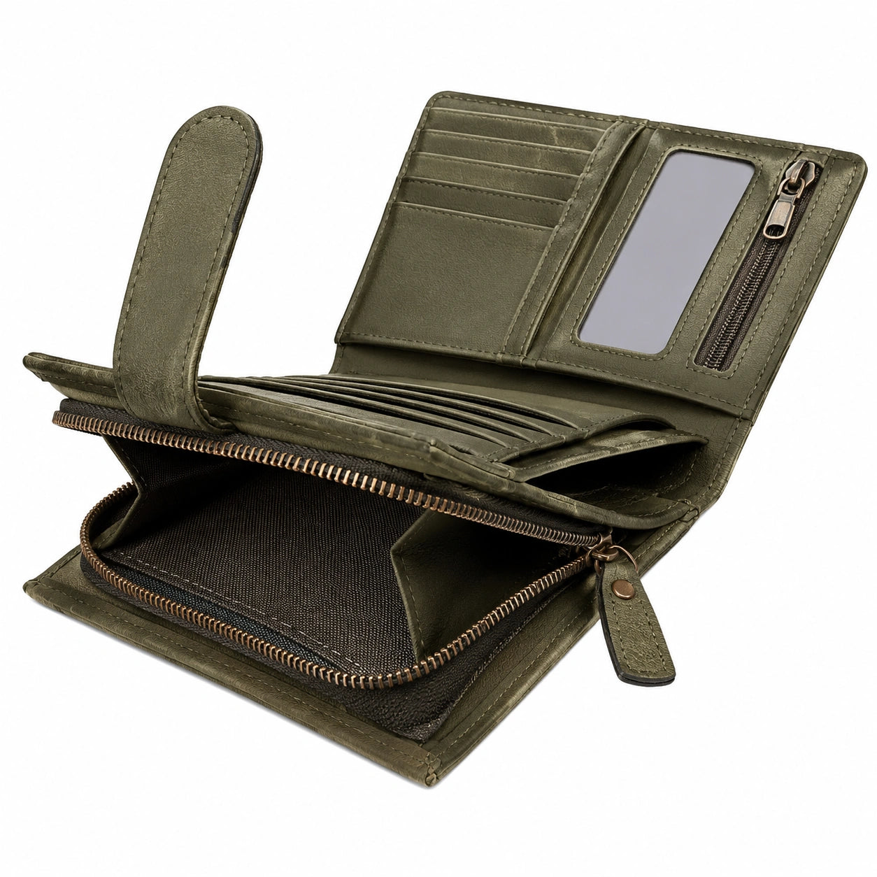 Portefeuille femme 19 x 10 x 3 cm en similicuir vert kaki à fermeture zippée