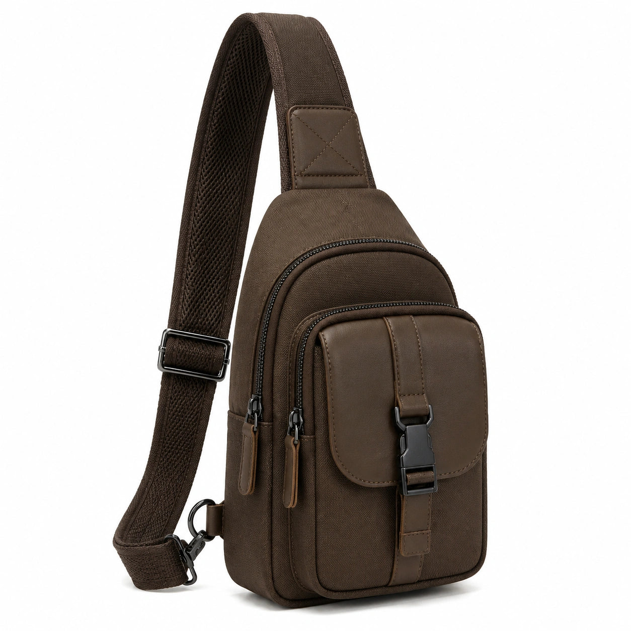 Sac bandoulière 18 x 8 x 32 cm en tissu marron à compartiments pour usage quotidien