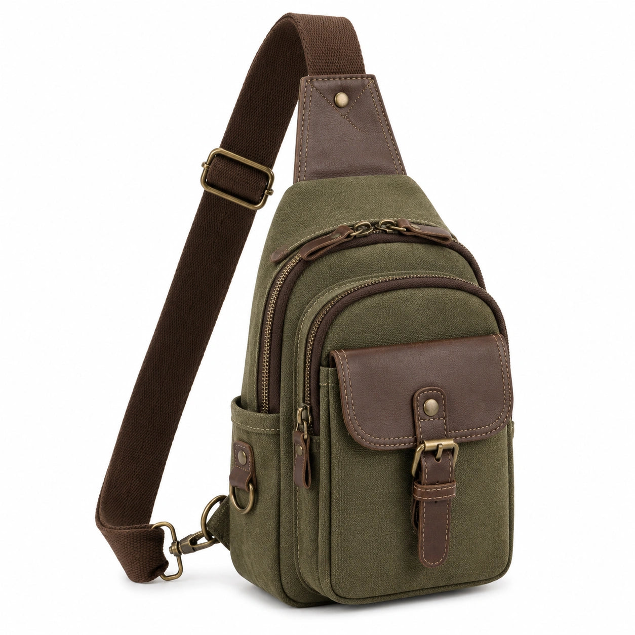 Sac bandoulière 18 x 8 x 31 cm en toile kaki et similicuir marron style vintage avec poches zippées