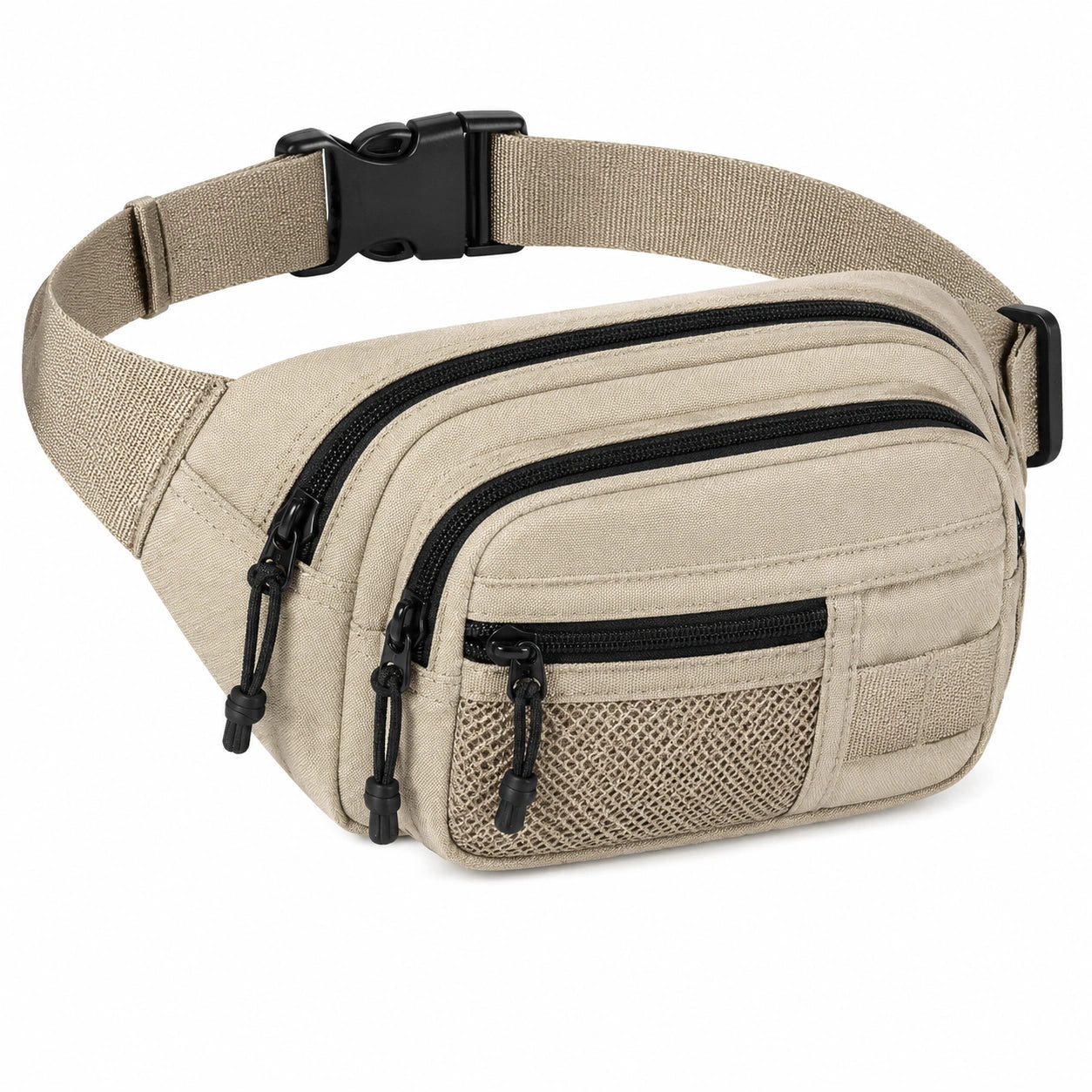 Sac banane 30 x 7 x 15 cm en tissu beige à multiples poches style utilitaire