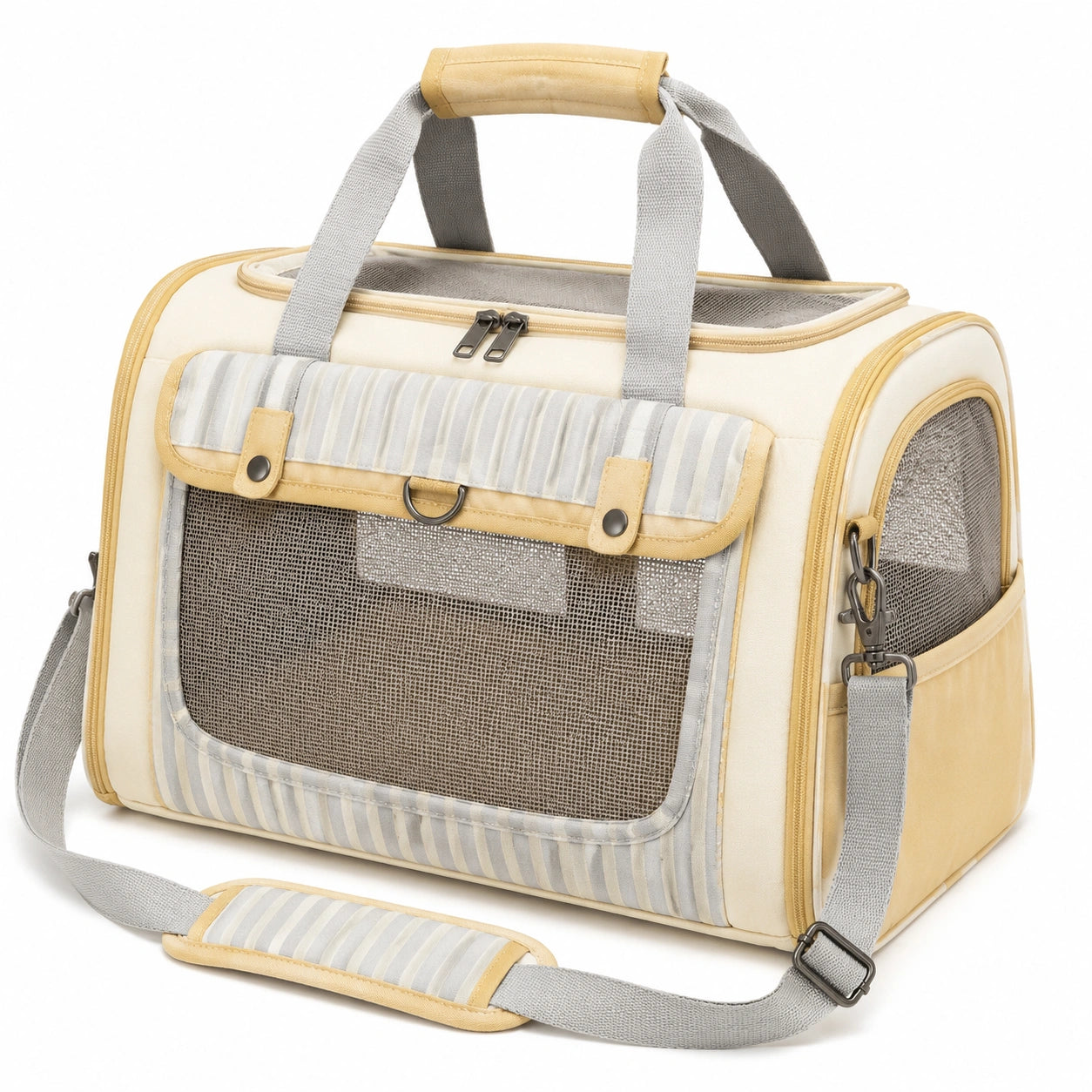 Sac de transport pour animal 45 x 25 x 30 cm en tissu beige et gris avec panneaux en maille