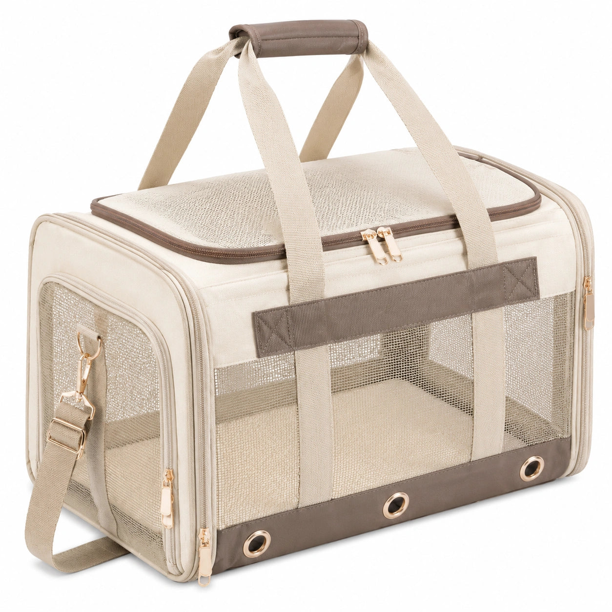 Sac de transport pour animal 45 x 28 x 30 cm en tissu et maille beige/marron avec bandoulière