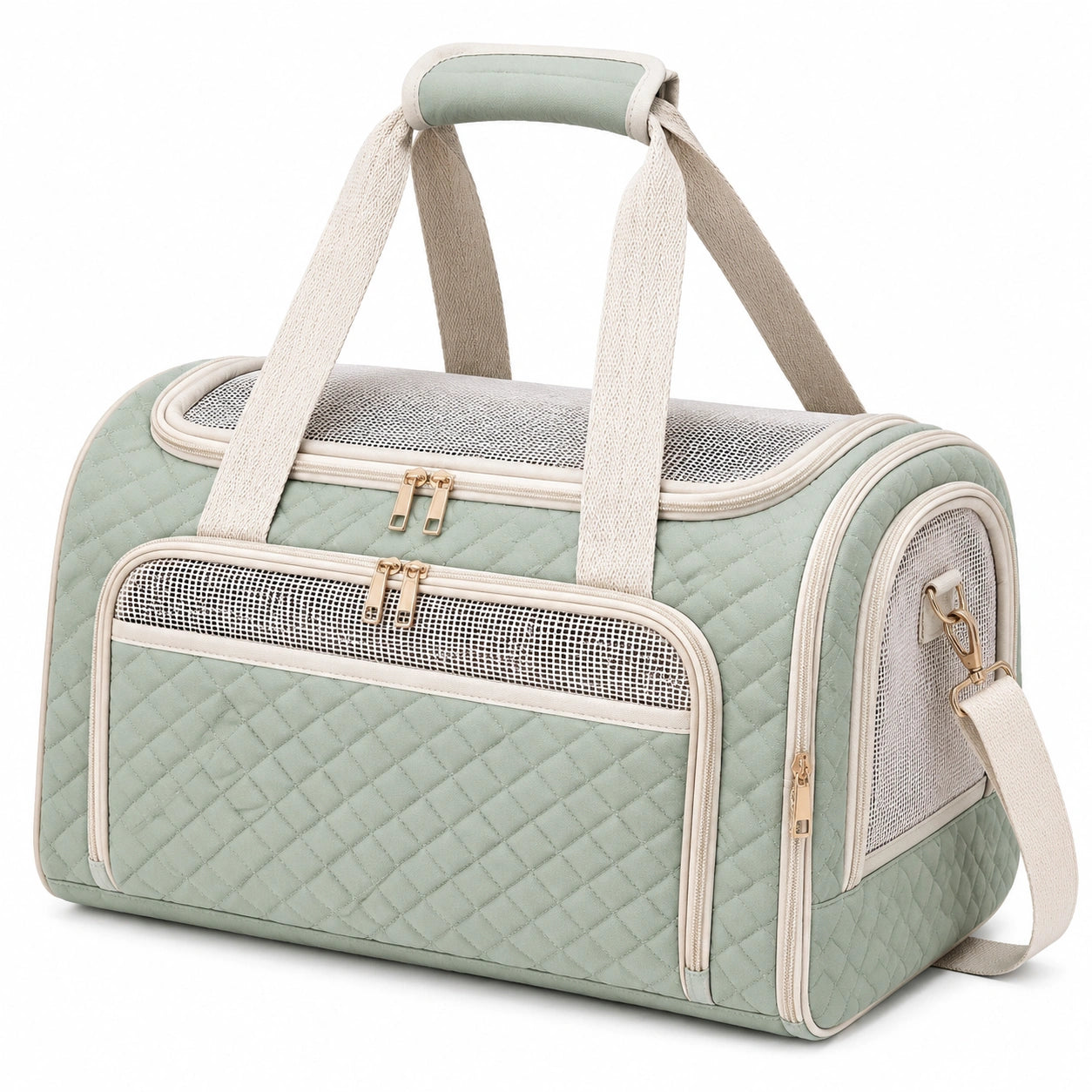 Sac de transport pour animal 45 x 28 x 30 cm en textile matelassé vert style voyage avec maille respirante