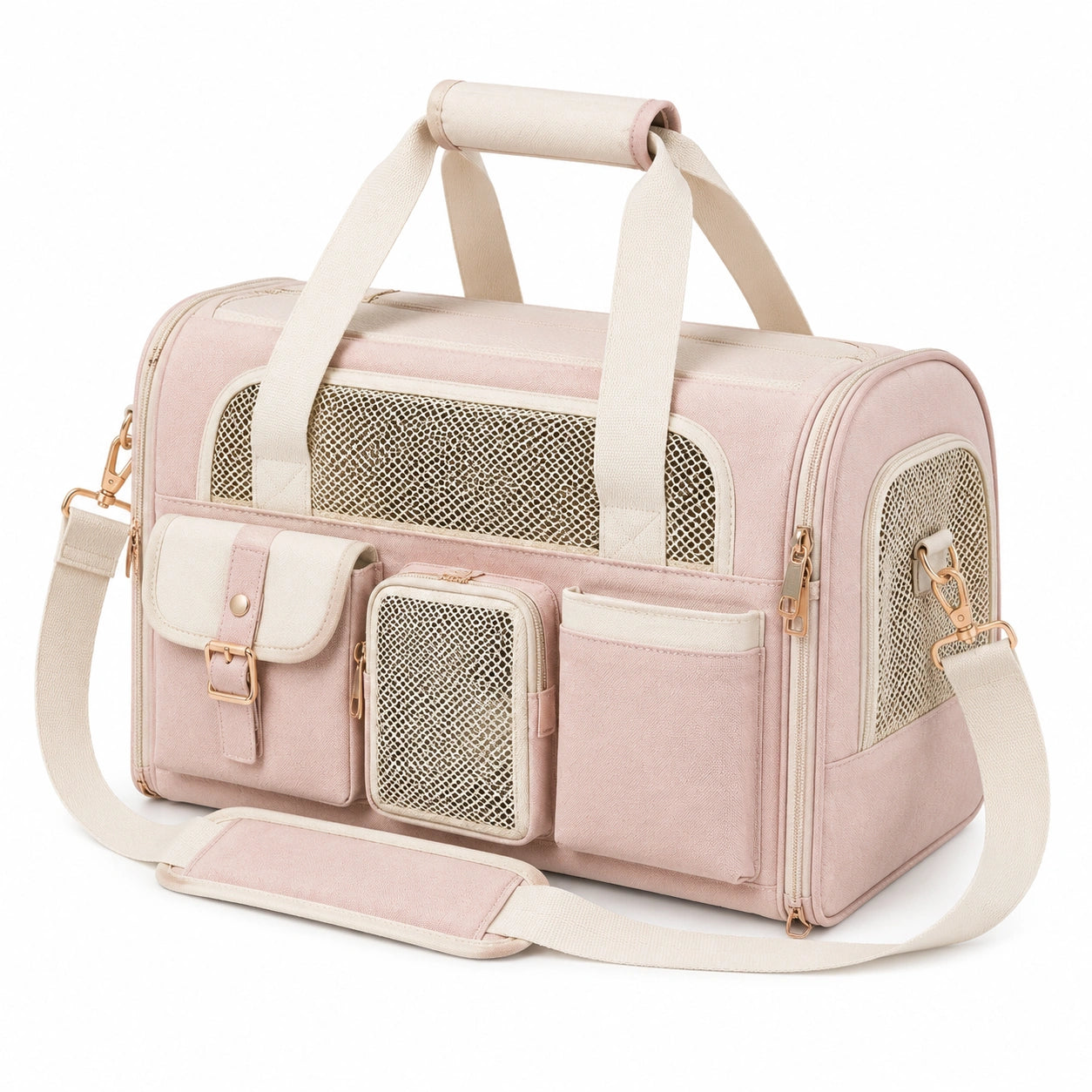 Sac de transport pour animaux 45 x 28 x 30 cm en textile rose avec panneaux en maille et bandoulière