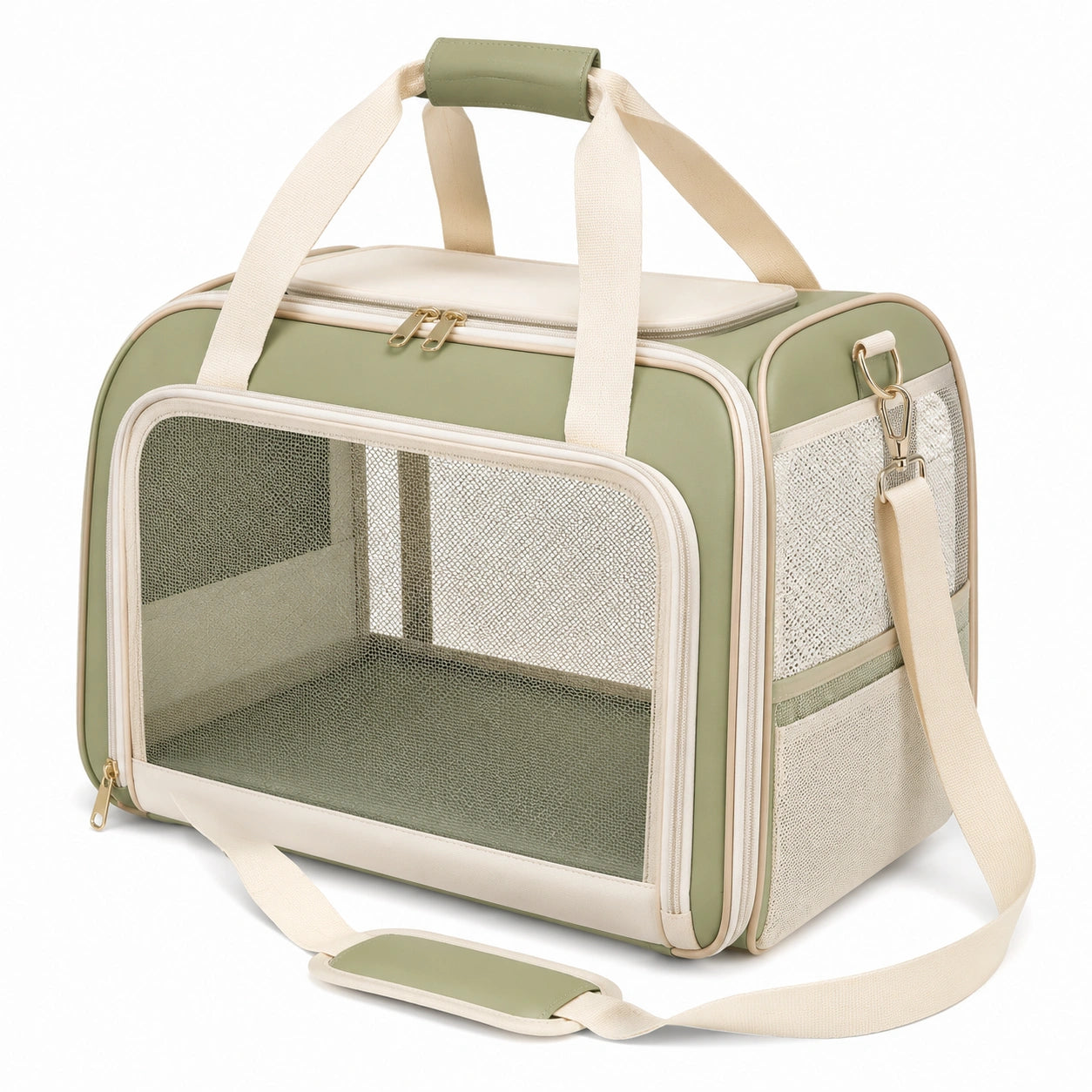 Sac de transport pour animal 45 x 28 x 30 cm en tissu vert et beige à panneaux en maille respirante
