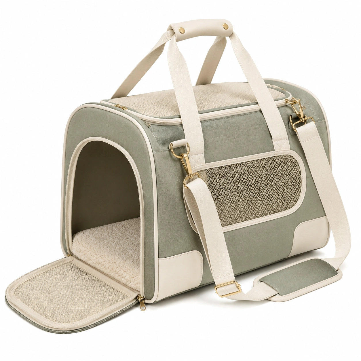 Sac de transport pour animaux 45×28×30 cm vert sauge et crème en textile avec maille respirante