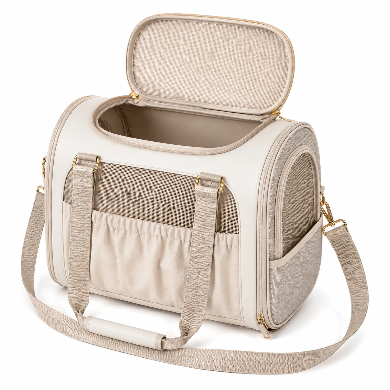Sac de transport pour animal 45 x 28 x 30 cm beige en tissu avec panneaux en maille bandoulière réglable