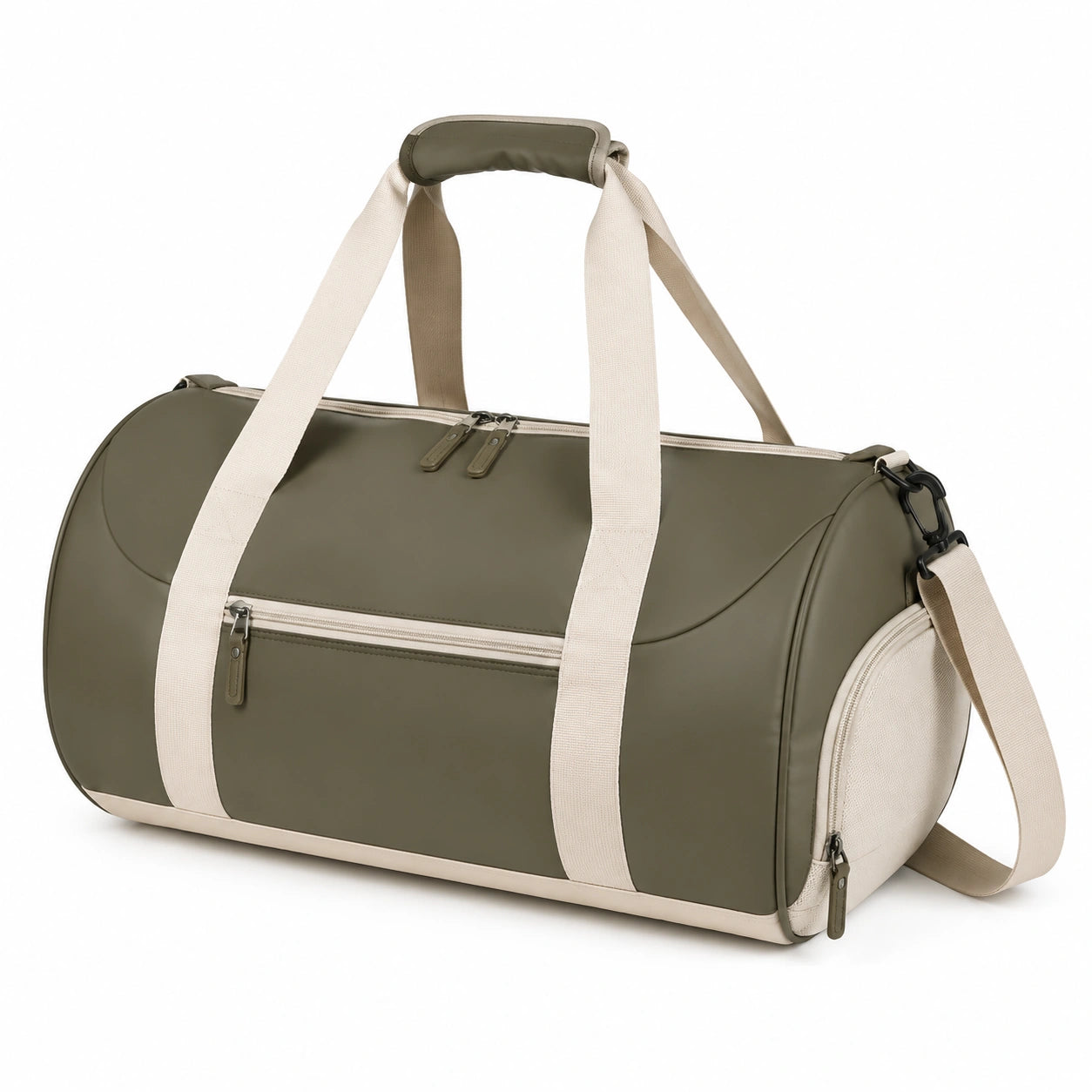 Sac de sport 50 x 25 x 28 cm vert kaki et beige en textile enduit avec bandoulière réglable