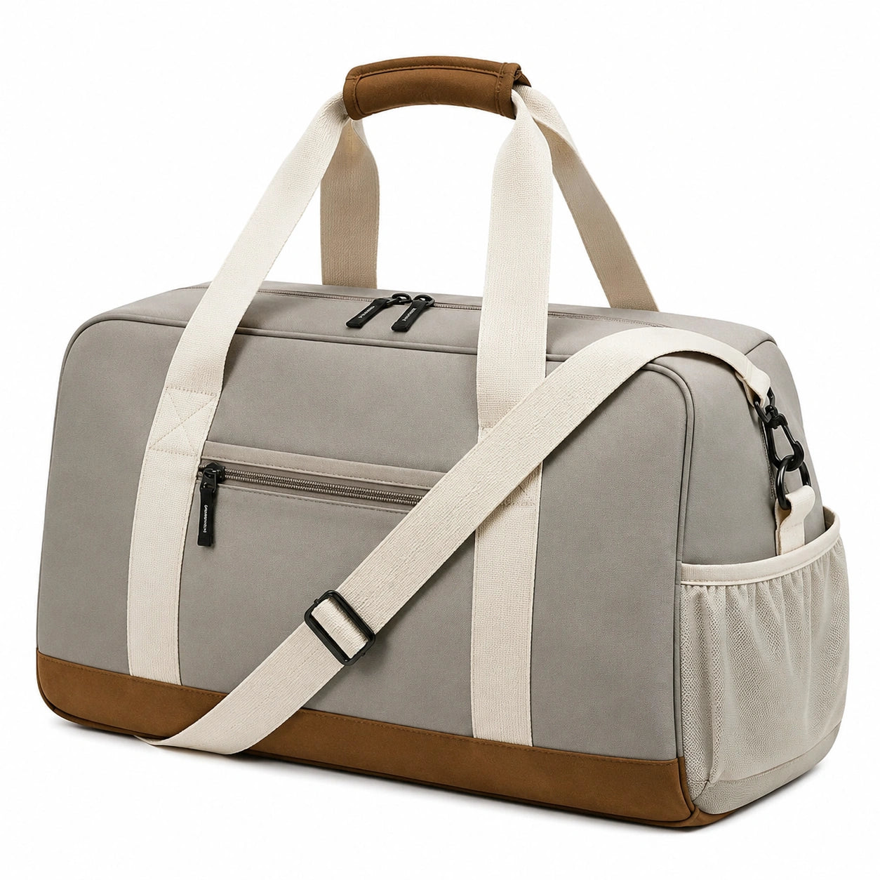 Sac de voyage 45 × 25 × 30 cm en textile gris et marron avec bandoulière réglable