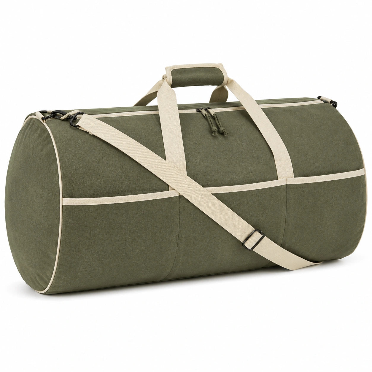 Sac polochon 50 cm en tissu kaki et beige pour voyage style sportif