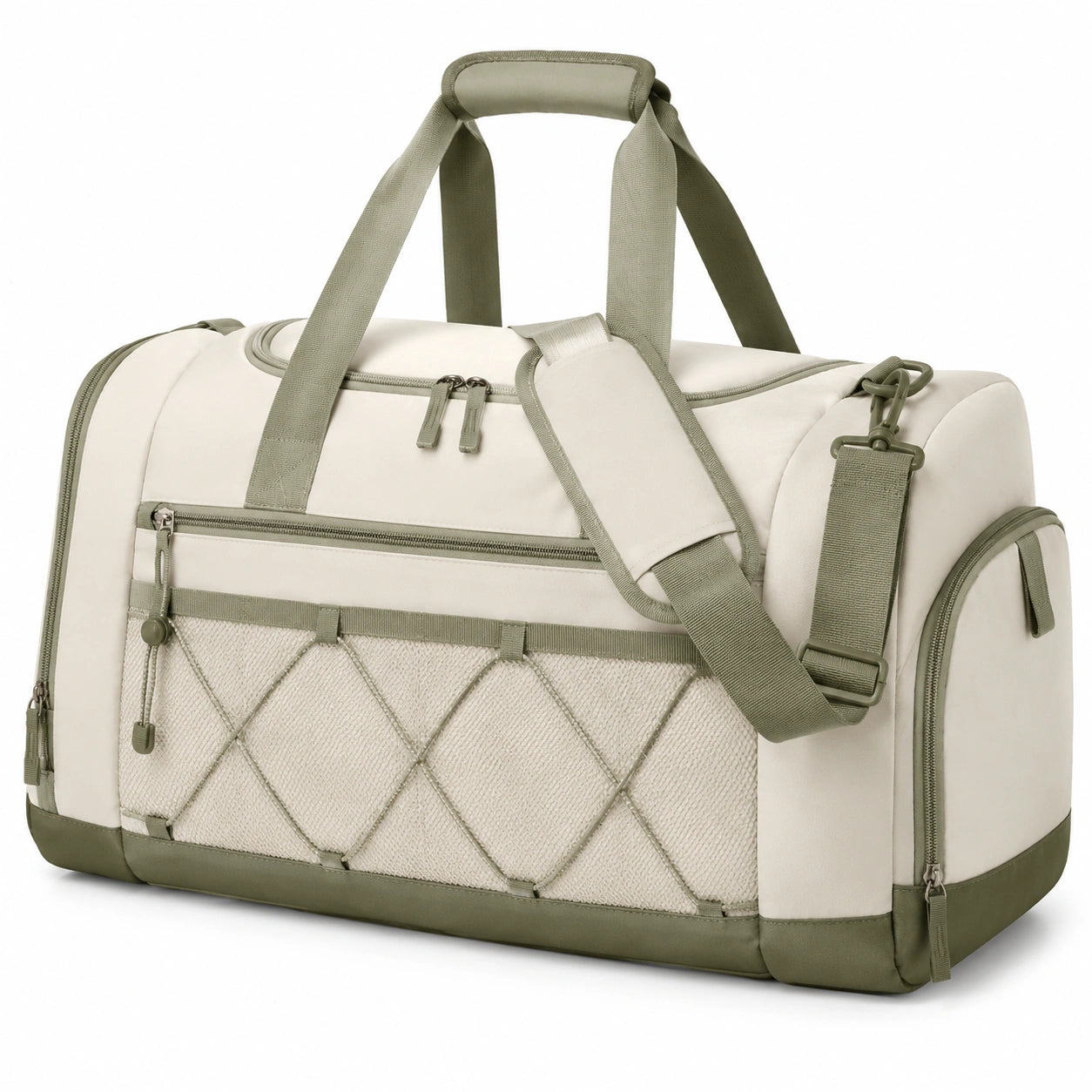 Sac de voyage 48 x 25 x 28 cm en textile beige et vert kaki avec bandoulière réglable