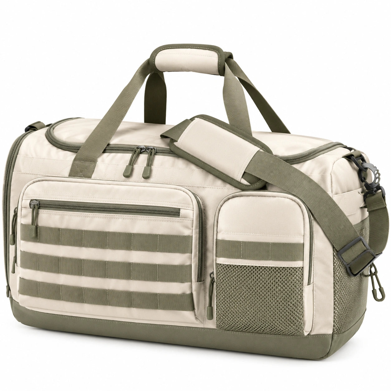 Sac de voyage 50 x 28 x 28 cm en textile beige kaki à bandoulière style utilitaire