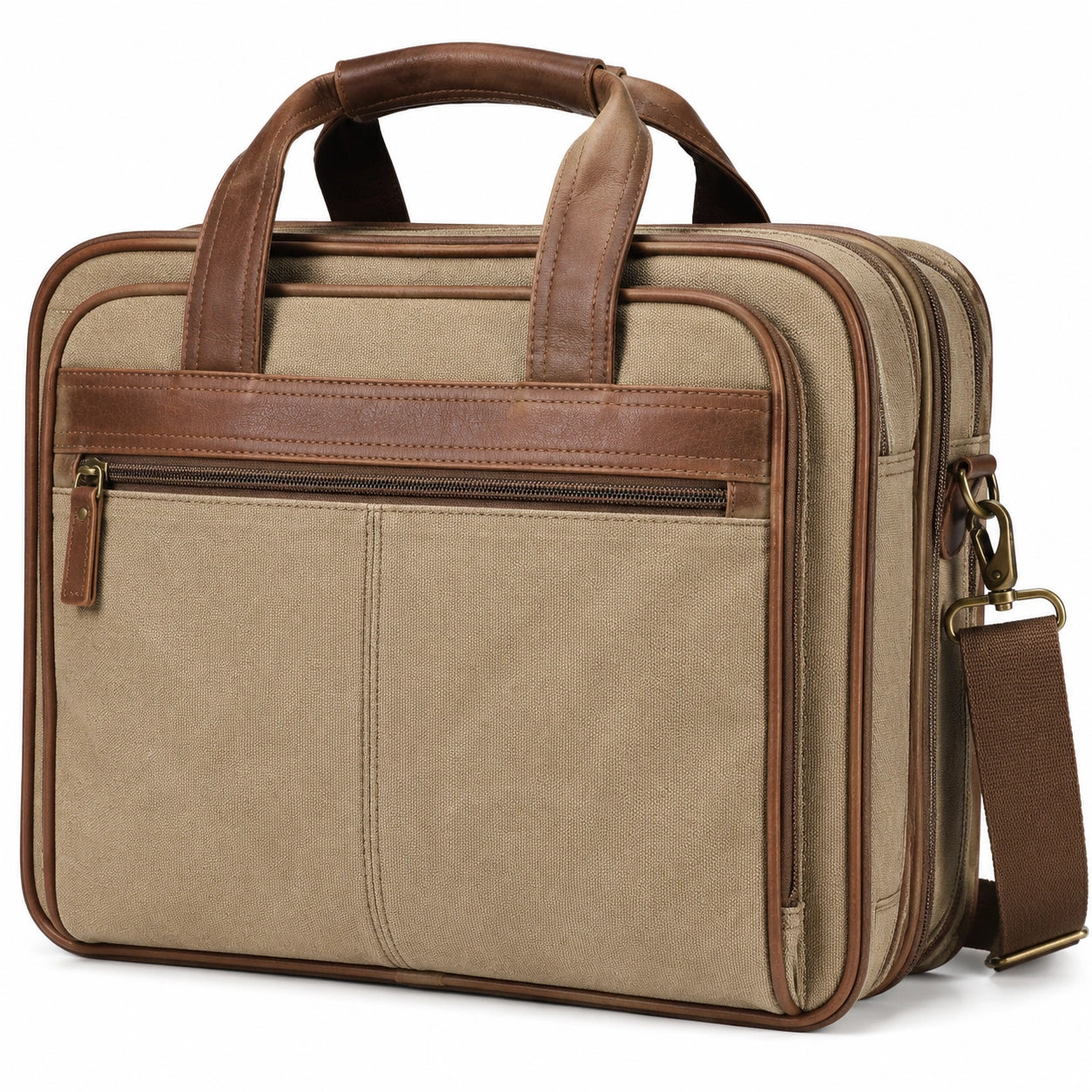 Sacoche ordinateur 40 x 10 x 30 cm en toile beige et similicuir marron à bandoulière