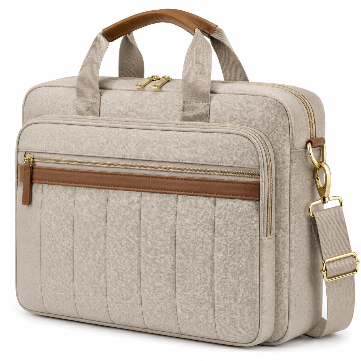 Sacoche ordinateur portable 15.6 pouces en textile beige et marron avec bandoulière réglable
